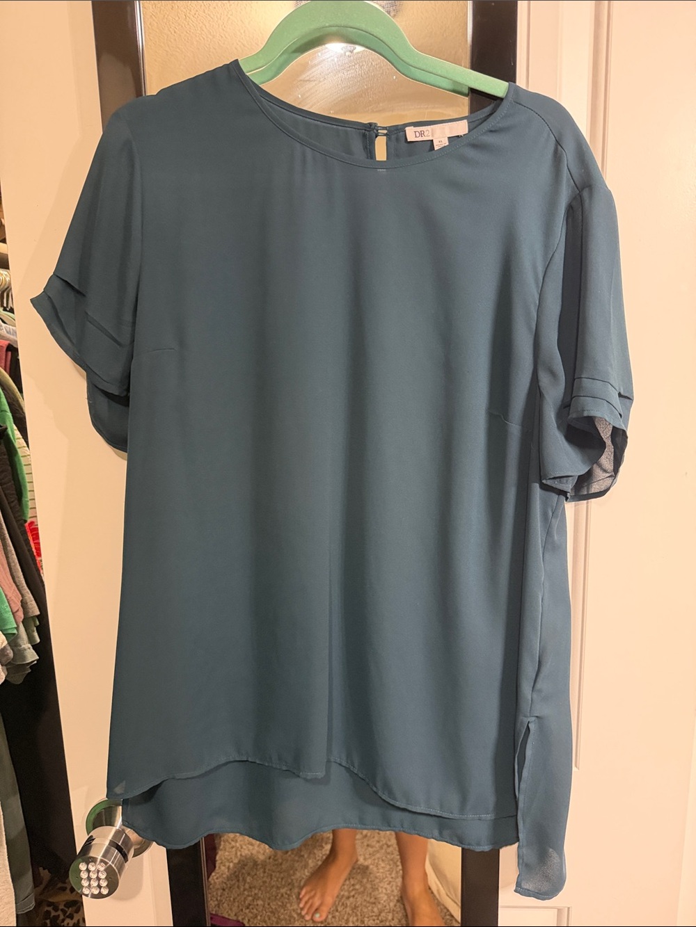 DR2 Teal Short Sleeve Layered Hem Blouse